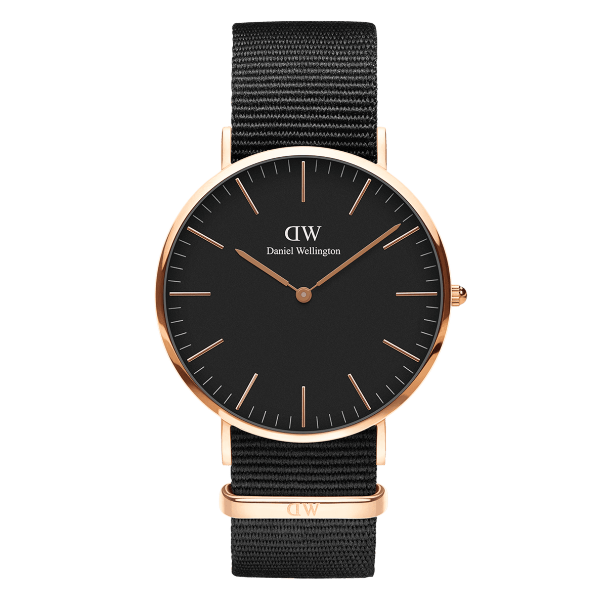 Daniel Wellington Classic Cornwall with black dial, rose gold stainless steel case, and black NATO strap.