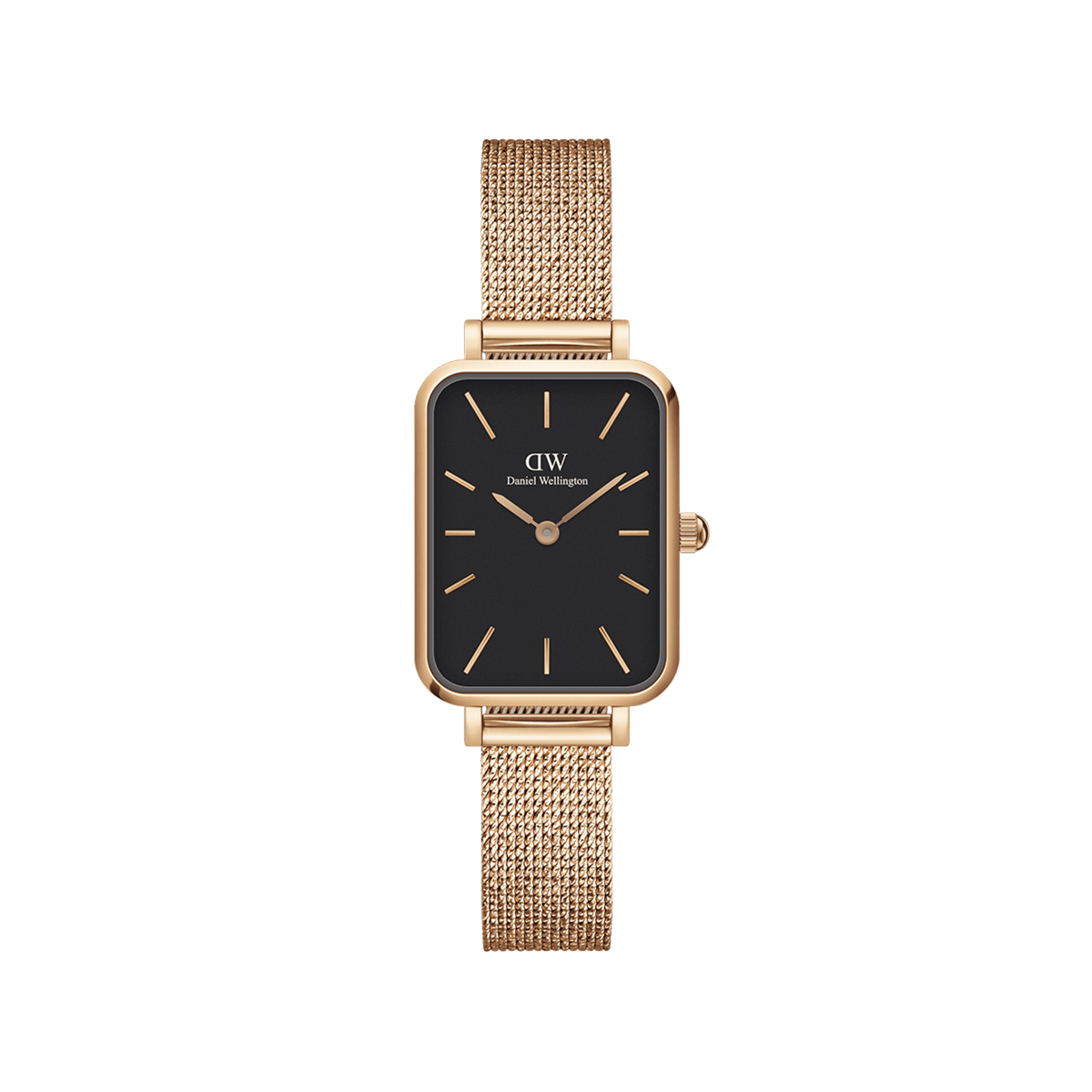 Rectangular women's watch Quadro Pressed Melrose in rose gold with black dial, rose gold hands, and fine stainless steel mesh strap.