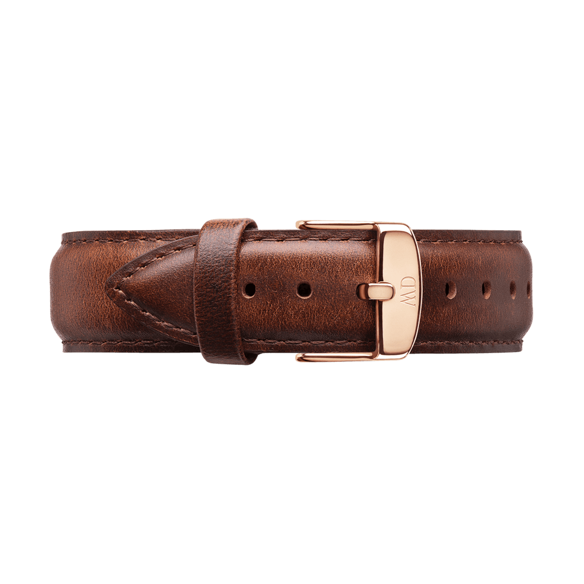 Brown leather strap of the Daniel Wellington Classic St Mawes with rose gold pin buckle and fine stitching.