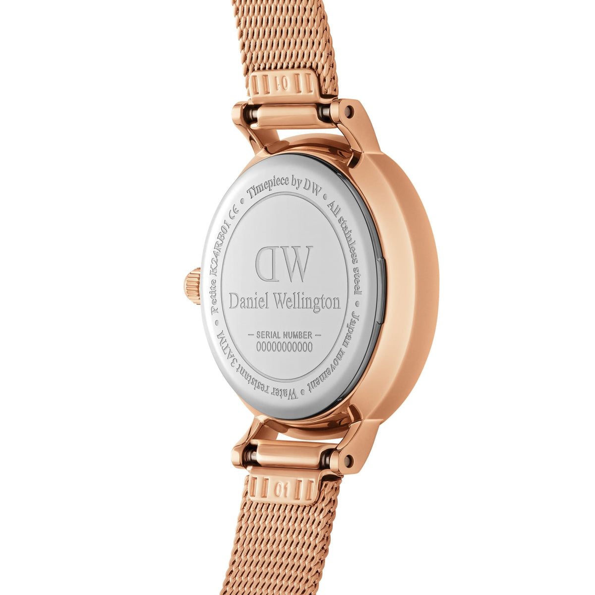 Rear view of the Petite Unitone women's watch in rose gold with an engraved stainless steel case back and fine-mesh mesh strap.