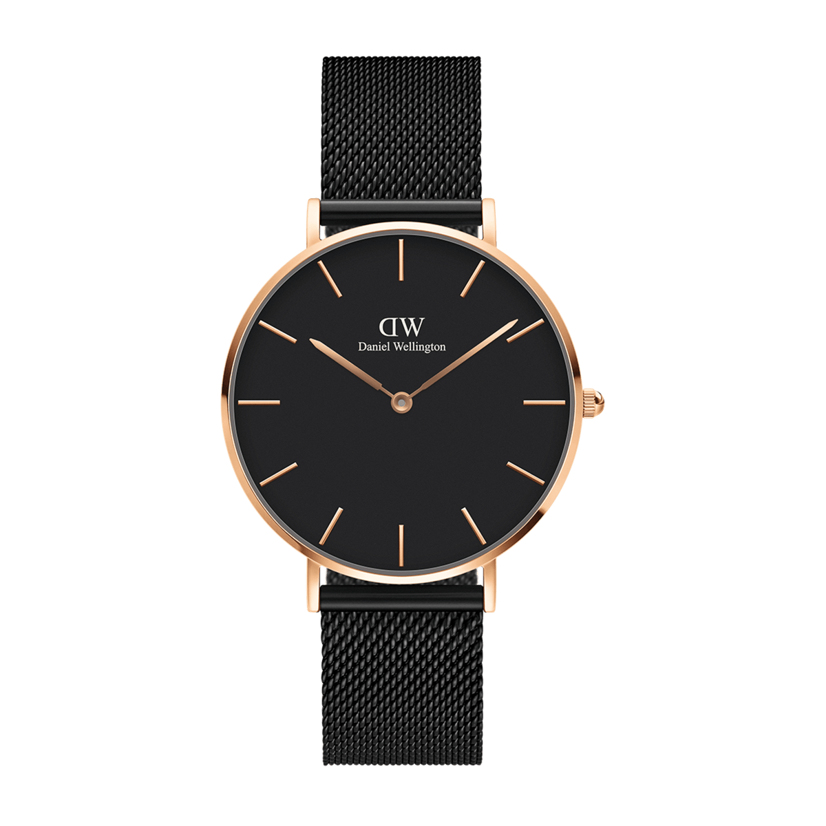 Minimalist women's watch Petite Ashfield by Daniel Wellington with a matte black dial, rose gold stainless steel case, and fine black mesh strap.