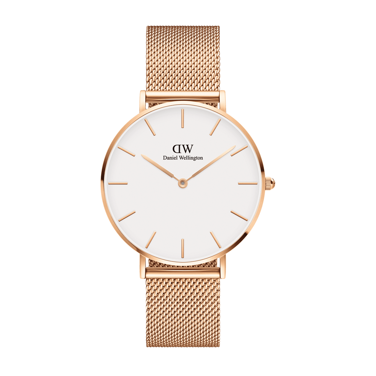 Petite Melrose ladies' watch with a round case in rose gold, eggshell white dial, and fine mesh strap made of stainless steel.