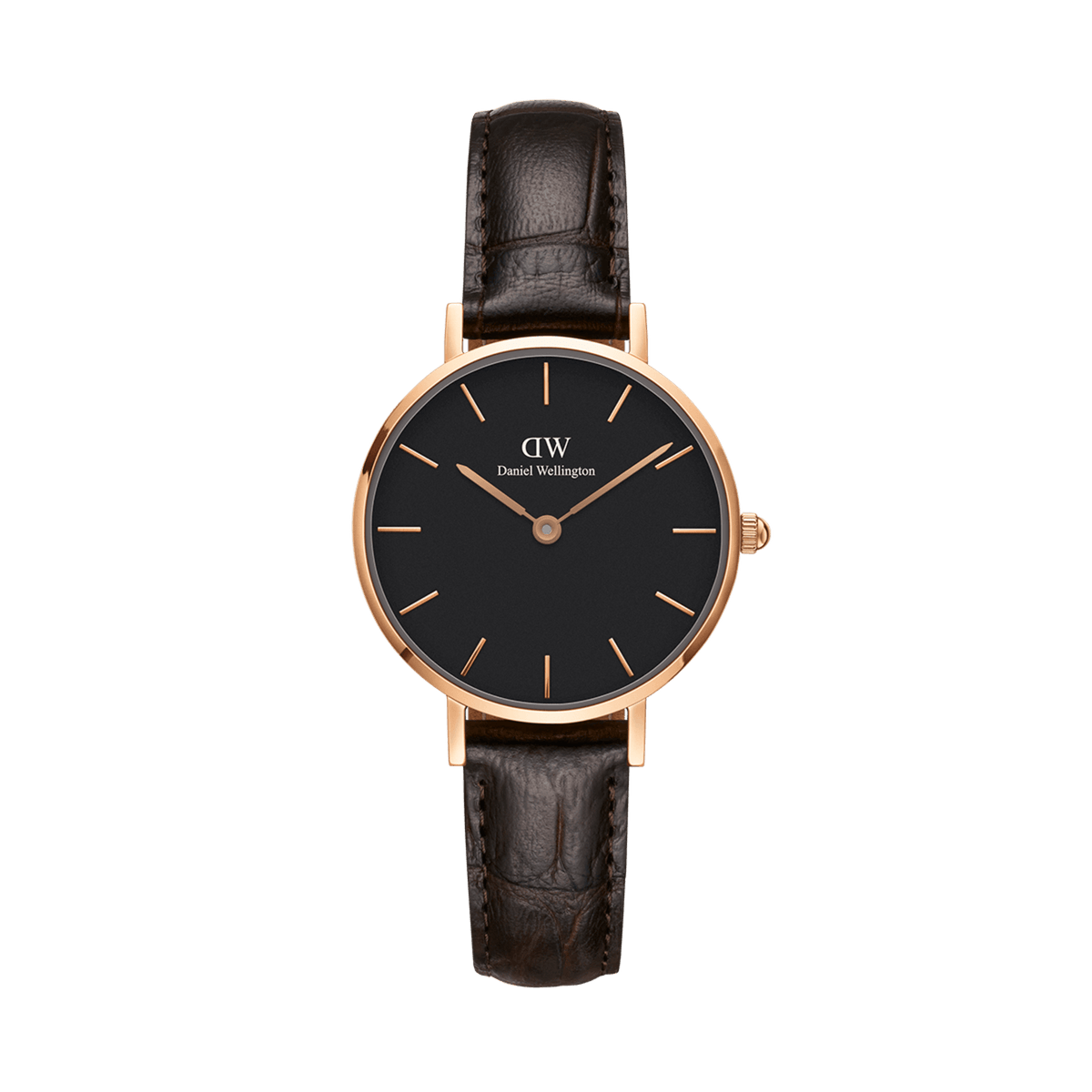 Orologio da donna Petite York con cassa da 28 mm in oro rosa, quadrante nero e cinturino in pelle marrone scuro con texture effetto coccodrillo, fotografato su sfondo bianco.