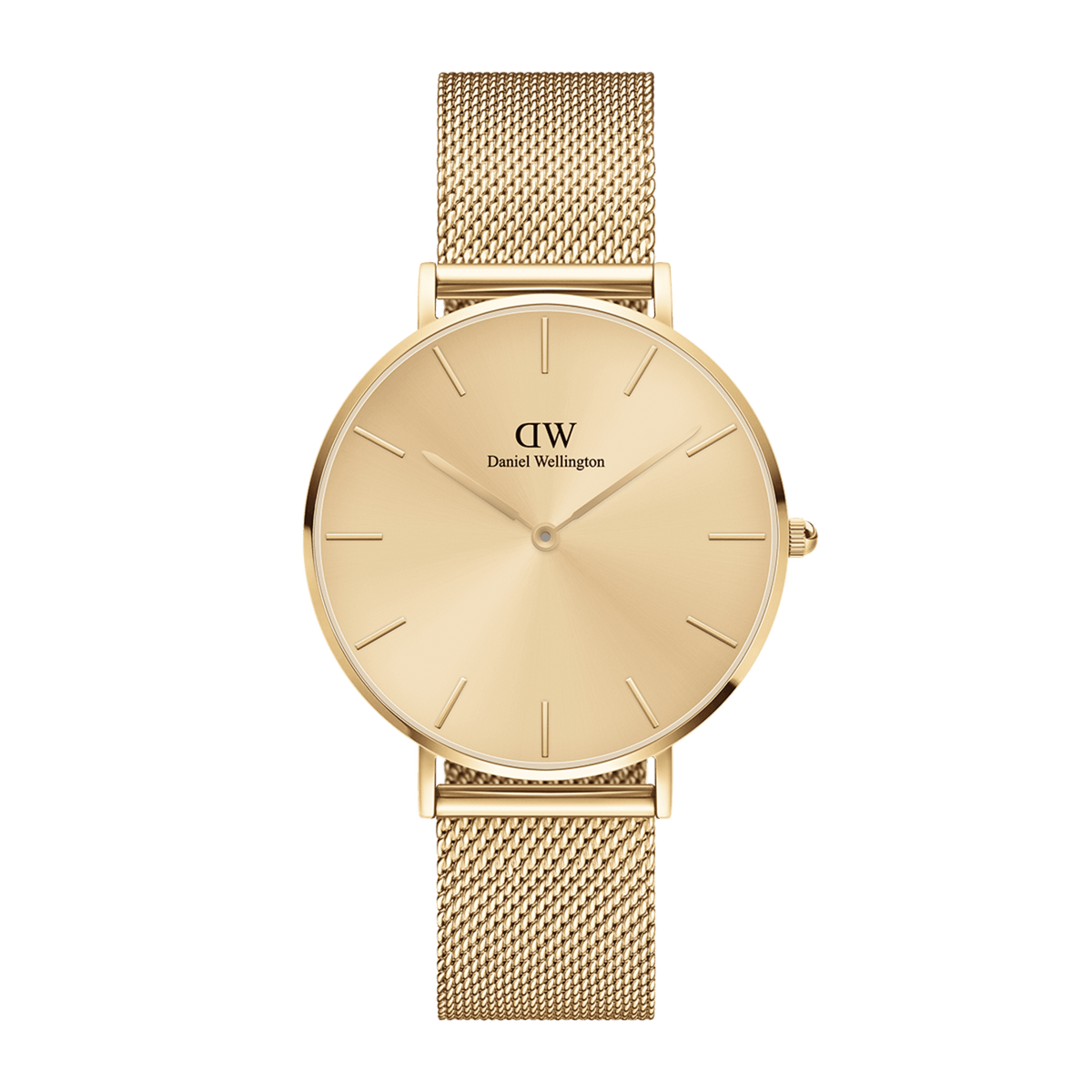 Elegant gold women's watch Daniel Wellington Petite Unitone with a minimalist dial and finely crafted mesh strap made of polished stainless steel.