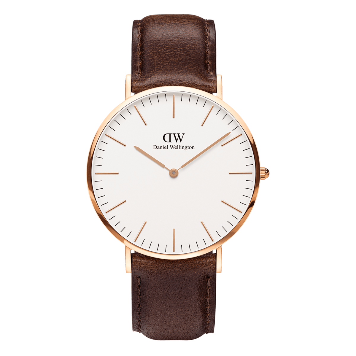 Classic wristwatch by Daniel Wellington with a round, rose gold stainless steel case, white dial, and dark brown leather strap.