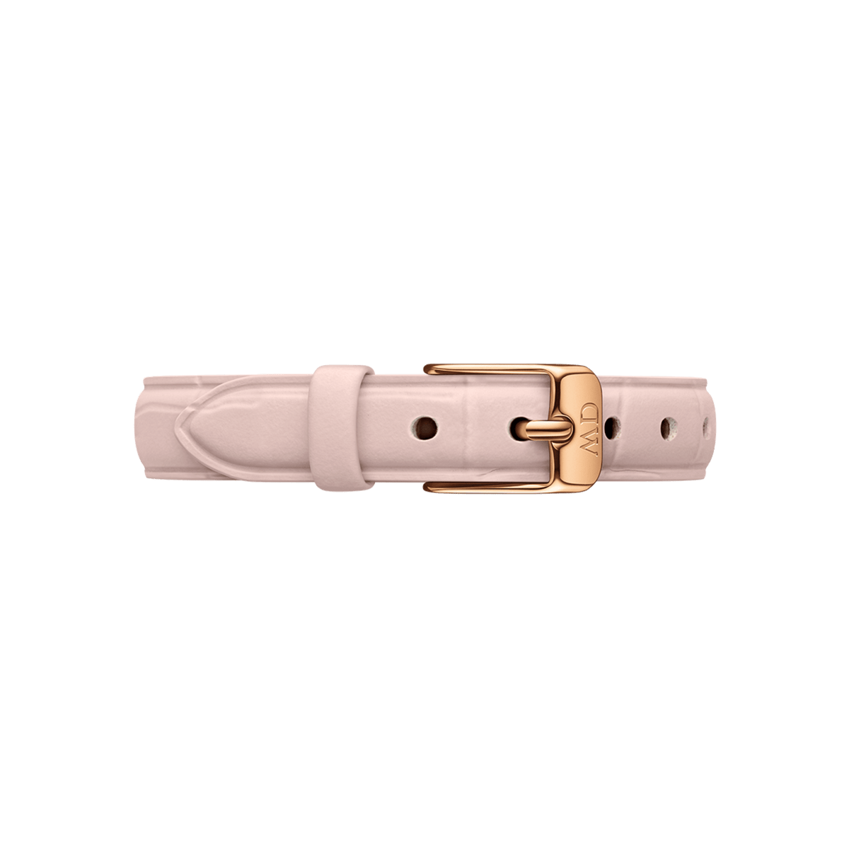 Rose gold watch strap made from Italian leather with fine crocodile embossing and an elegant pin buckle, ideal for ladies' watches with a slim case.