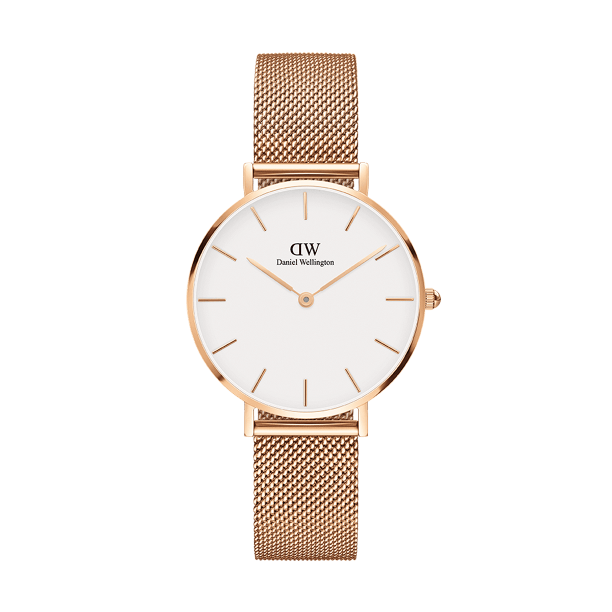 Elegant Petite Melrose ladies' watch with a round case in rose gold, eggshell white dial, and fine mesh strap made of stainless steel.