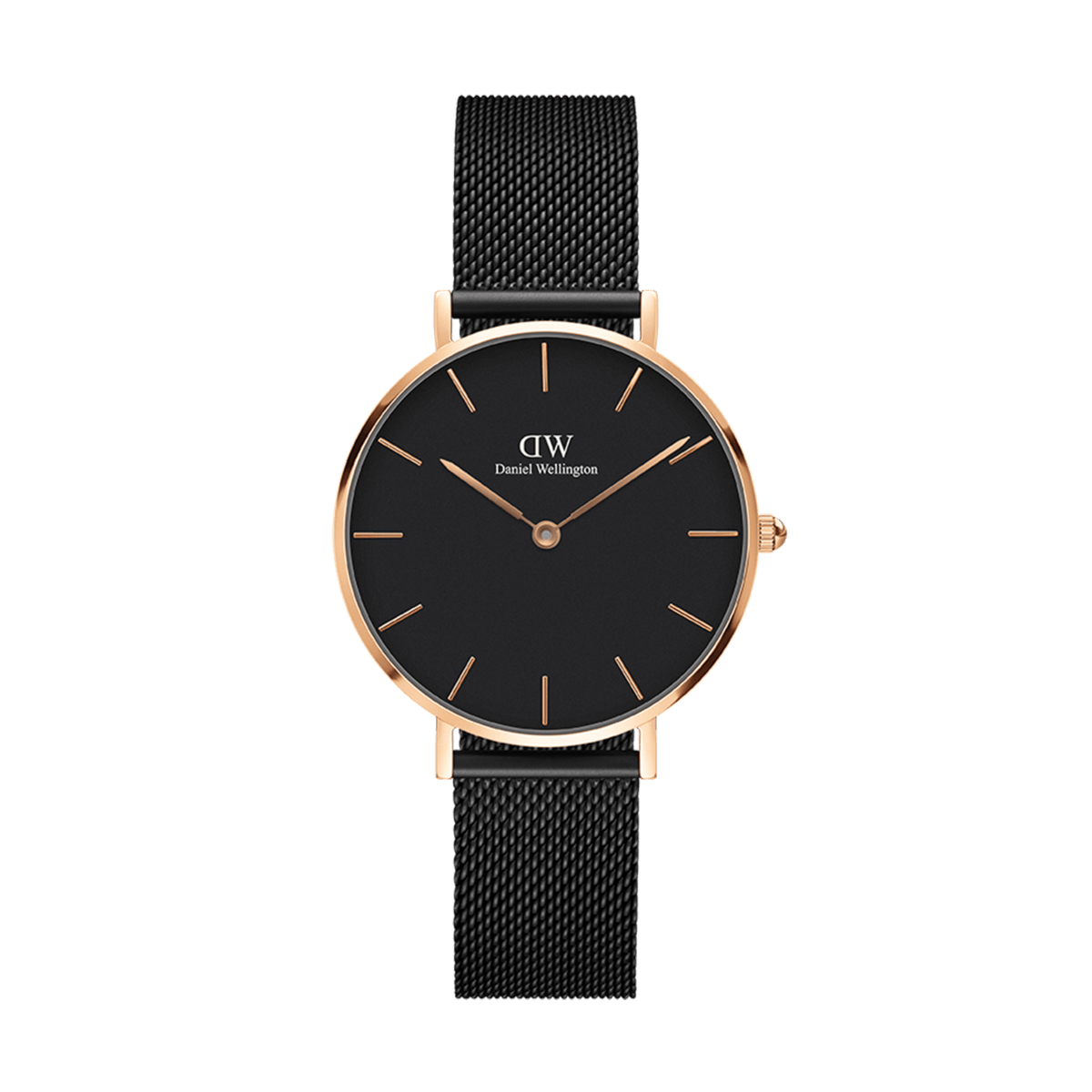 Elegant women's watch with a matte black dial, rose gold case, and fine black mesh strap by Daniel Wellington.
