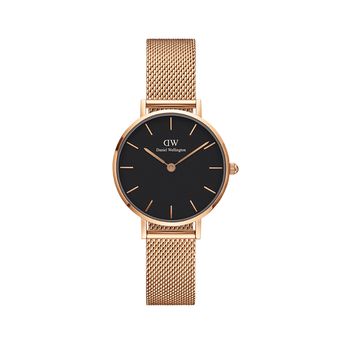 Rose gold Daniel Wellington Petite Melrose women's watch with black dial and fine, adjustable mesh strap.
