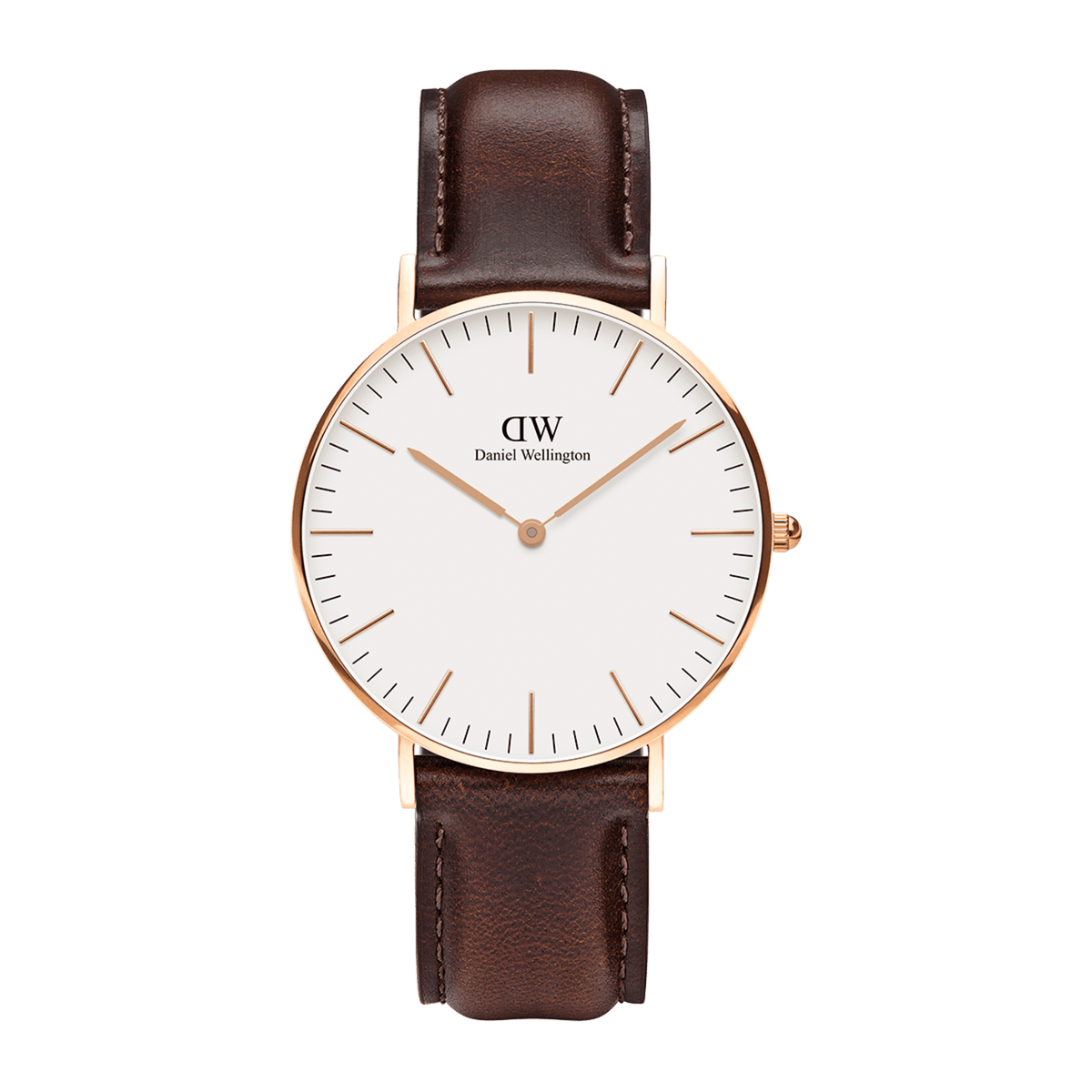 Daniel Wellington Classic Bristol watch with a round rose gold case, eggshell white dial, and dark brown leather strap.