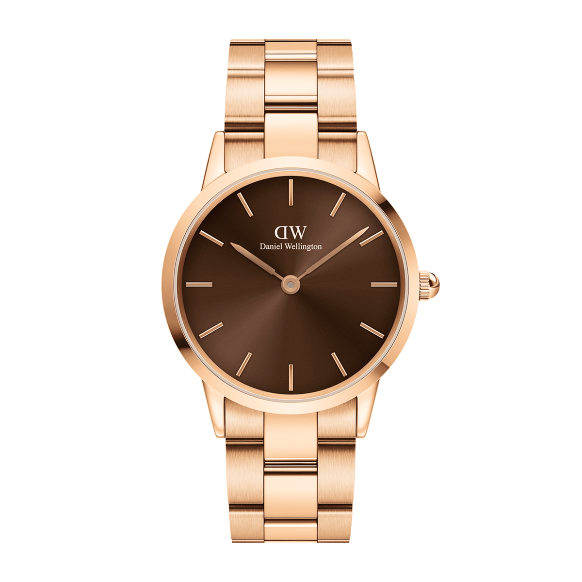 Iconic Link Amber ladies' watch by Daniel Wellington with a rose gold stainless steel bracelet and brown sunray dial.