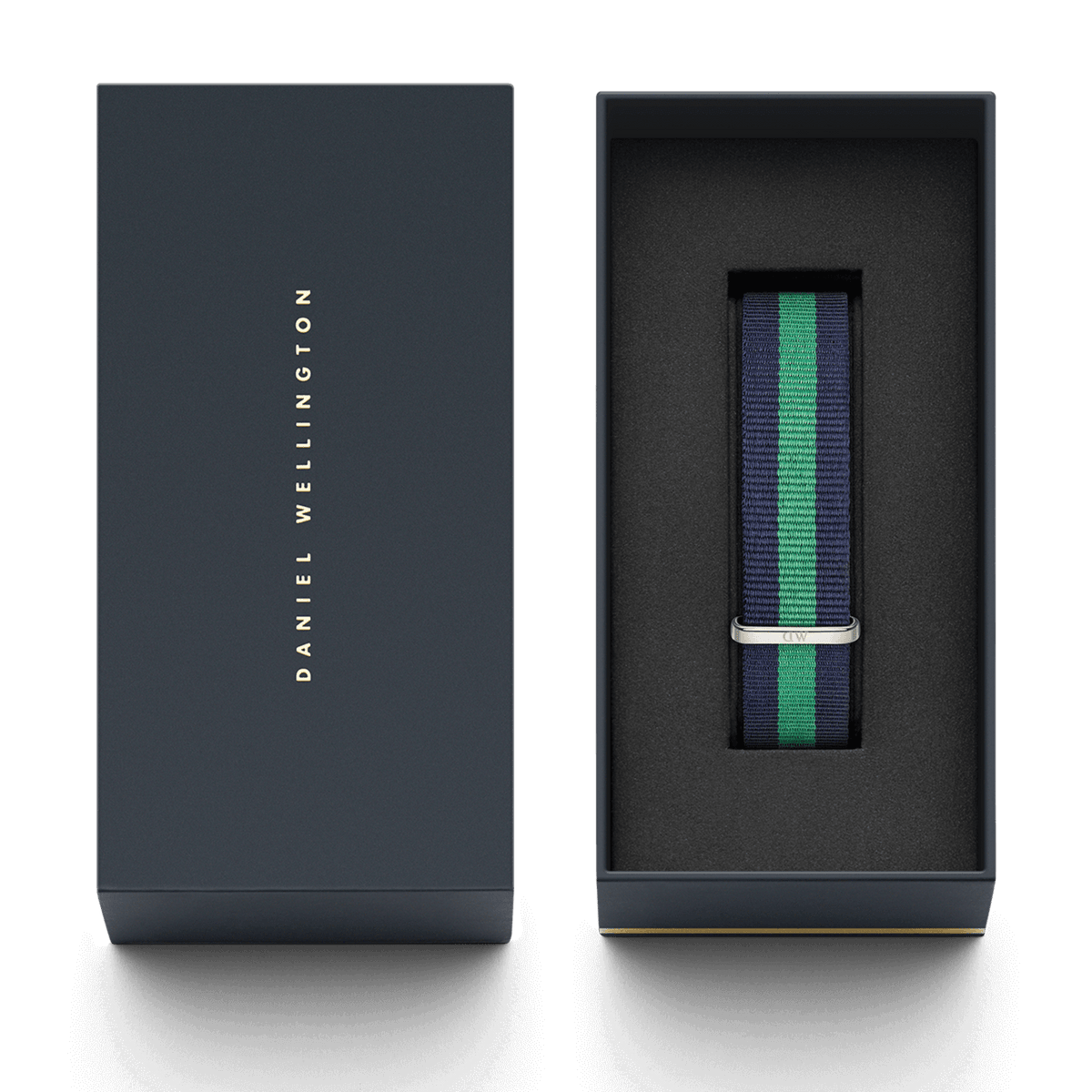 The Warwick Strap Silver NATO watch strap with a blue and green stripe design and silver buckle is presented in an elegant Daniel Wellington gift box.