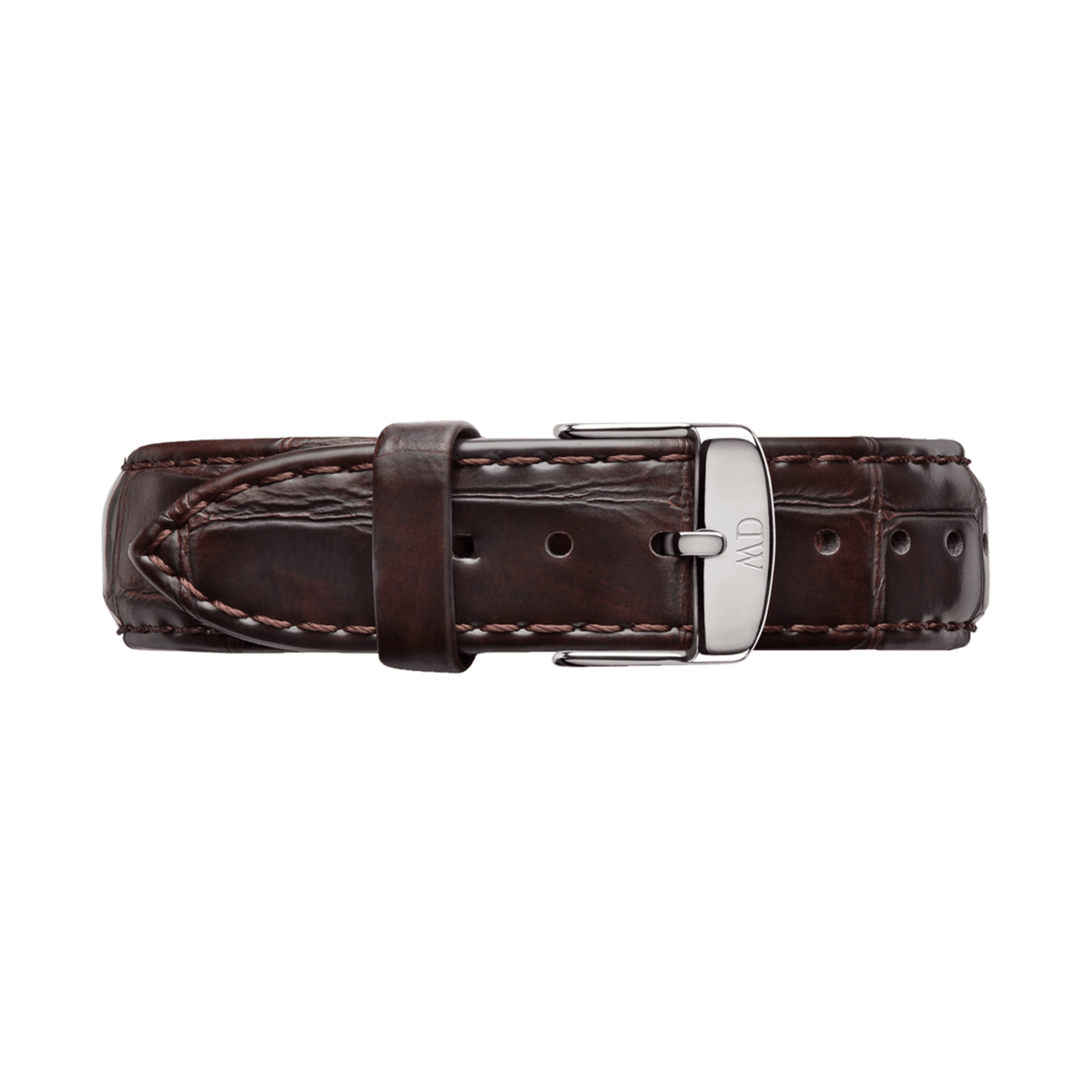 York watch strap made from deep brown leather with crocodile embossing and silver pin buckle, suitable for various watch sizes.