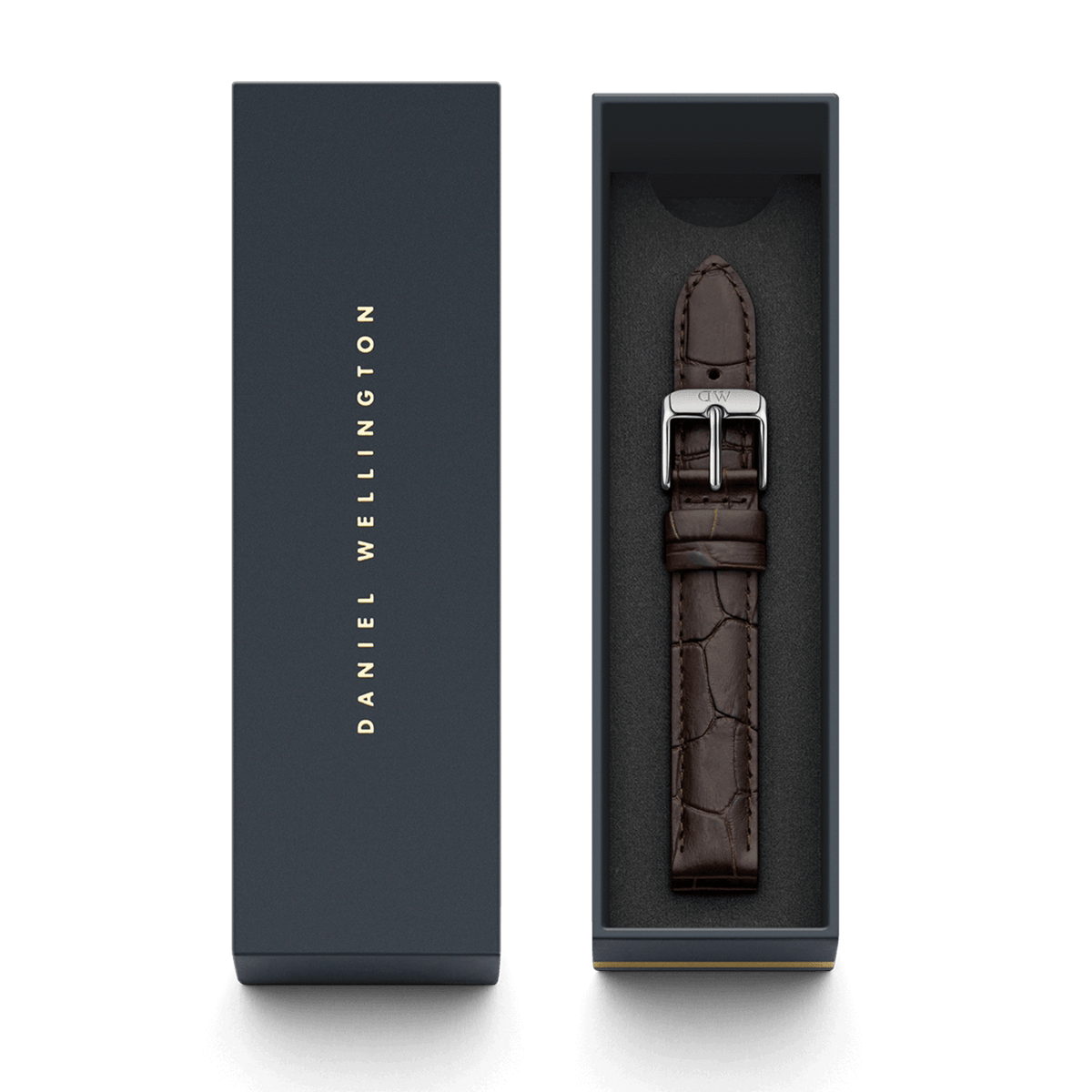 York leather strap in dark brown with crocodile embossing and silver pin buckle, stylishly presented in an elegant Daniel Wellington box.