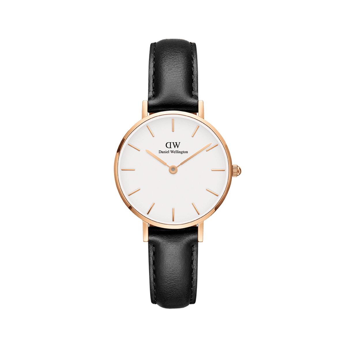 Petite Sheffield women's watch by Daniel Wellington with a slim rose gold case, eggshell white dial, and classic black leather strap.