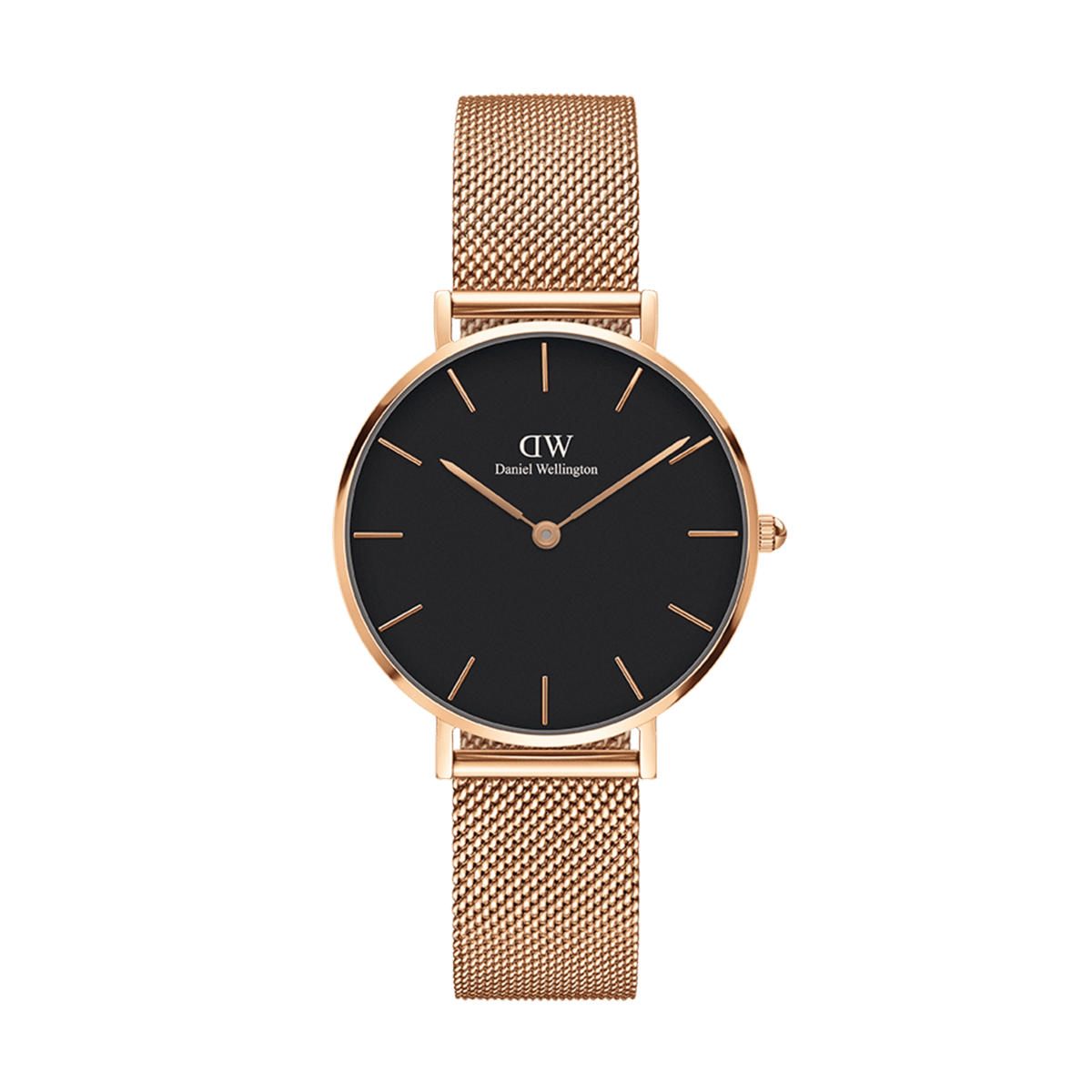 Elegant women's watch with black dial, rose gold mesh strap and slim case in a minimalist design by Daniel Wellington.
