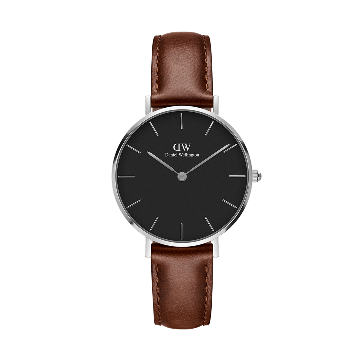 El reloj Petite St Mawes Black Silver presenta una esfera negra, caja plateada de acero inoxidable e índices finos, combinado con correa de piel marrón auténtica sobre fondo blanco.