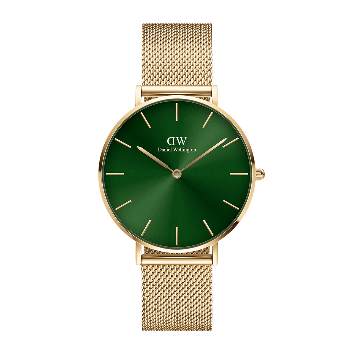 Elegant women's watch with gold-coloured mesh strap and green sunray dial by Daniel Wellington.