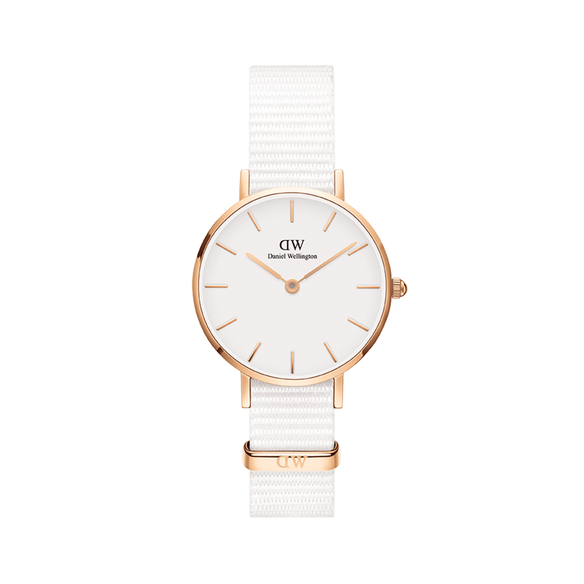 Minimalist women's watch Petite Dover with a rose gold case, white eggshell dial, and white NATO strap made of polyester.