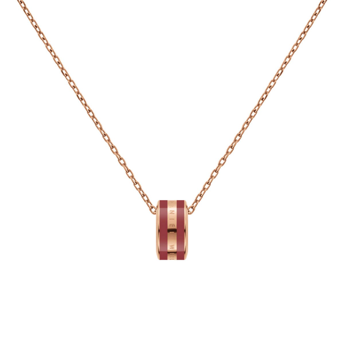 Ciondolo ad anello in acciaio con placcatura oro rosa, dotato di fascia smaltata color *Cherry Blush* e catena sottile regolabile.