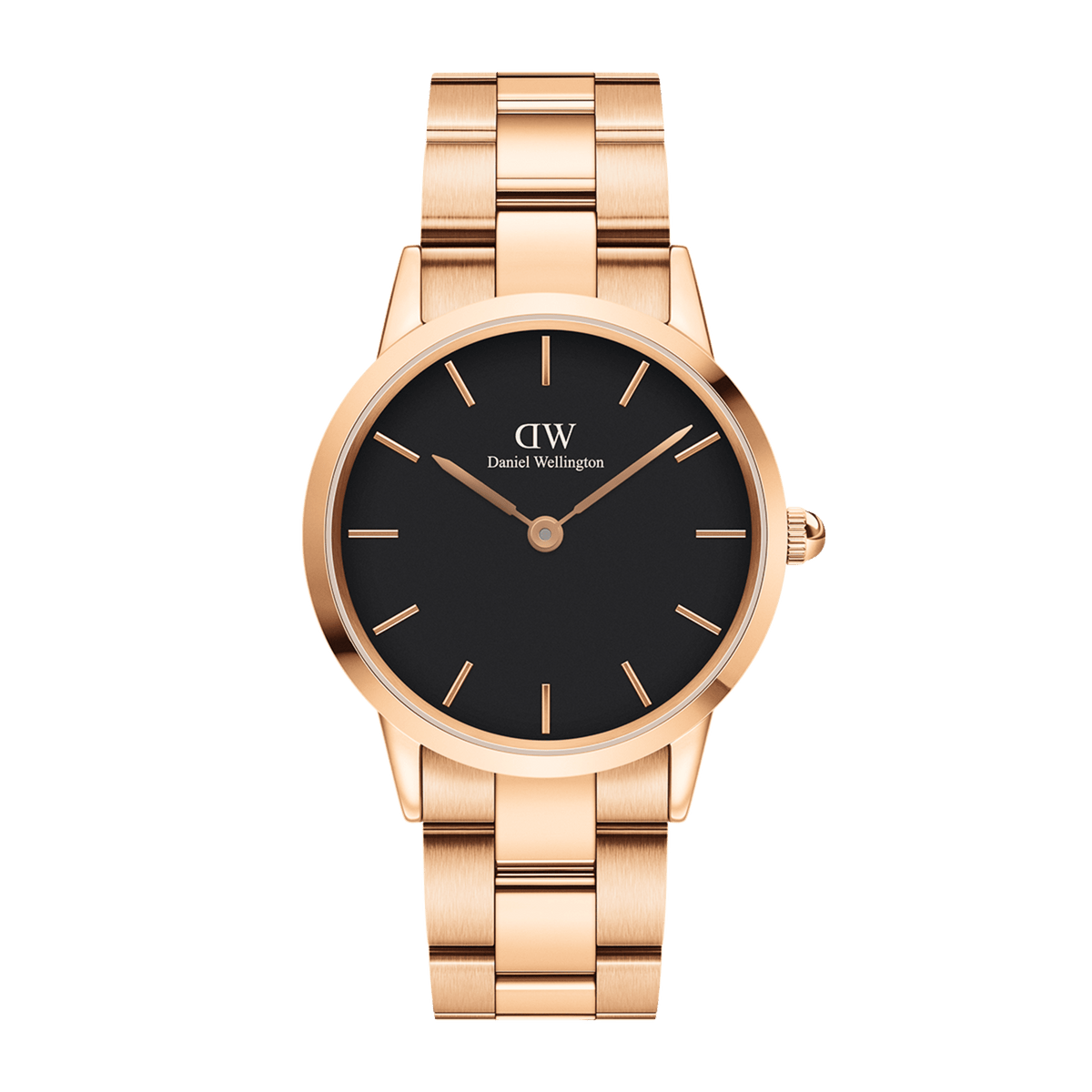 Elegant ladies' watch by Daniel Wellington with a rose gold stainless steel link bracelet and a black, minimalist dial.