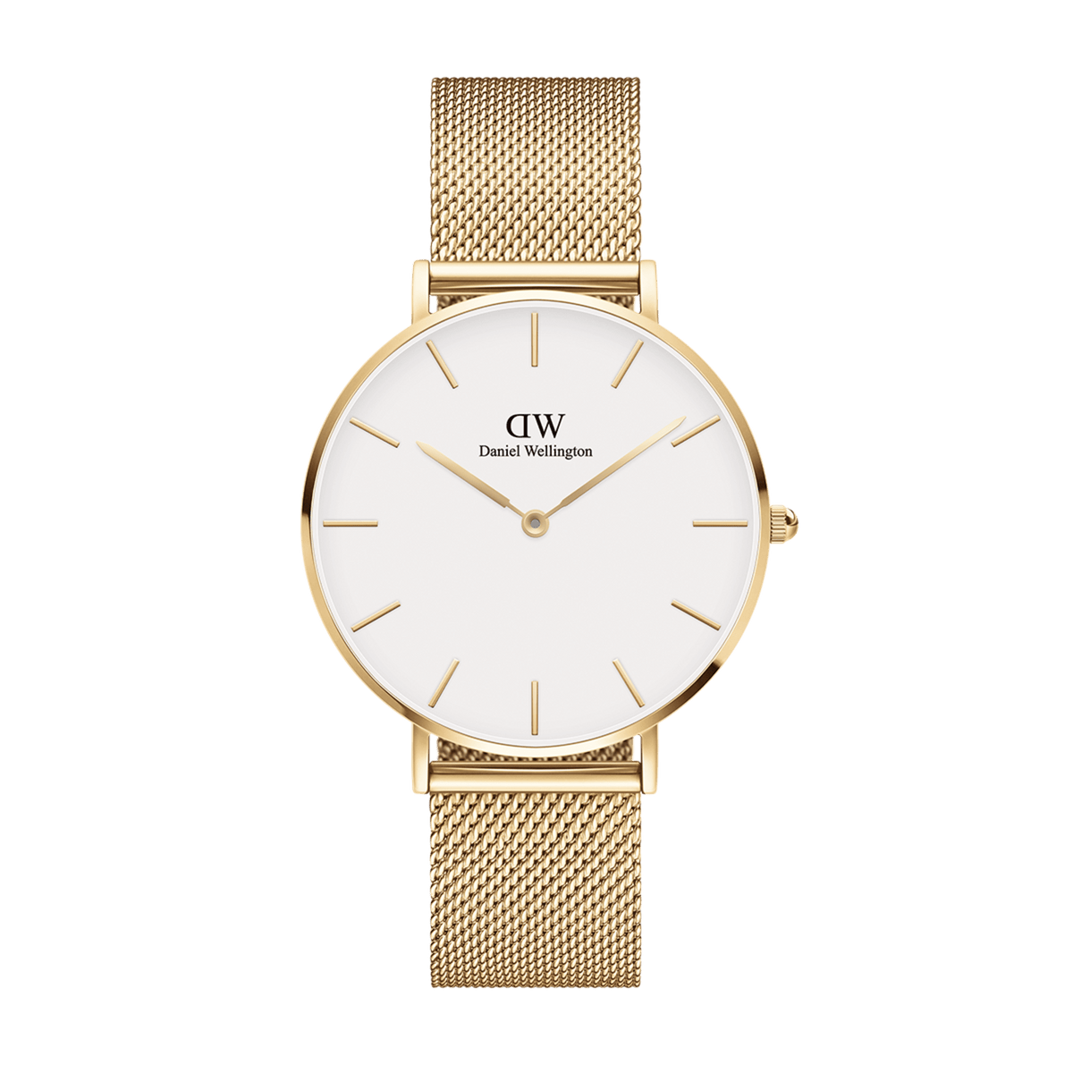 Elegant ladies' watch with gold-coloured mesh strap, round case and minimalist eggshell-white dial by Daniel Wellington.