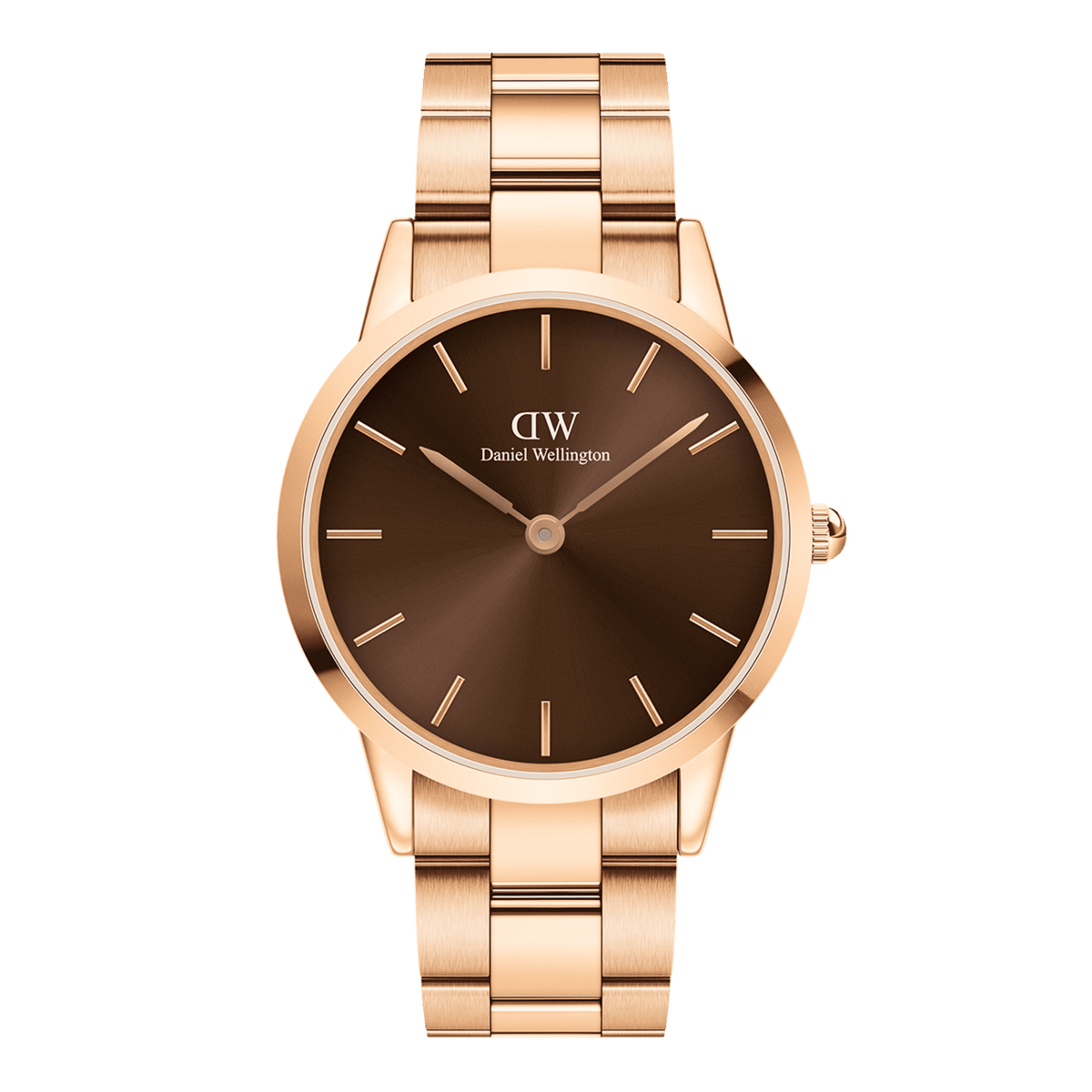 Elegant ladies' watch in rose gold with a brown sunray dial and polished stainless steel link bracelet.