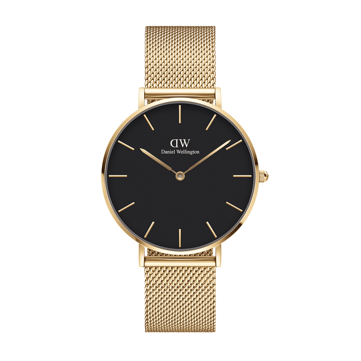 Elegant women's watch with a black dial, gold-coloured stainless steel case, and fine gold mesh strap in a minimalist design.