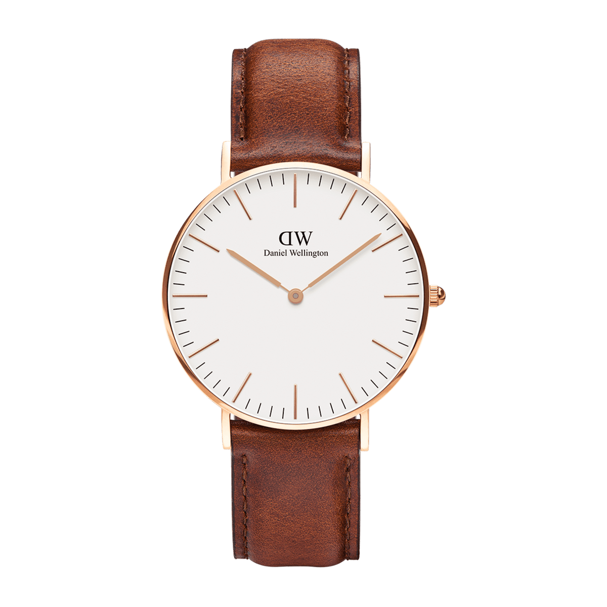 Daniel Wellington Classic St Mawes watch with white dial, rose gold case, and brown leather strap in a minimalist design.