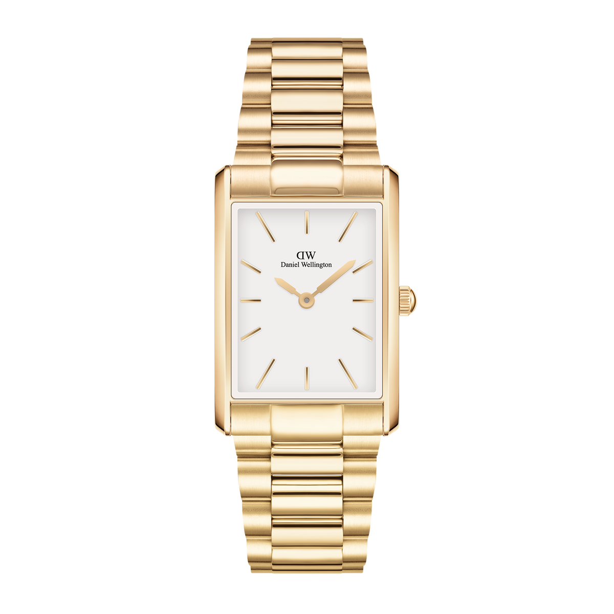 Rectangular ladies' watch with a gold-coloured 3-link stainless steel bracelet, white dial and minimalist gold indices.