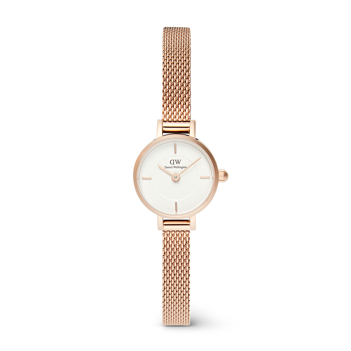 Elegant women's watch Petite Mini Melrose with a 19 mm round case in rose gold, white dial, and fine, adjustable stainless steel mesh strap.