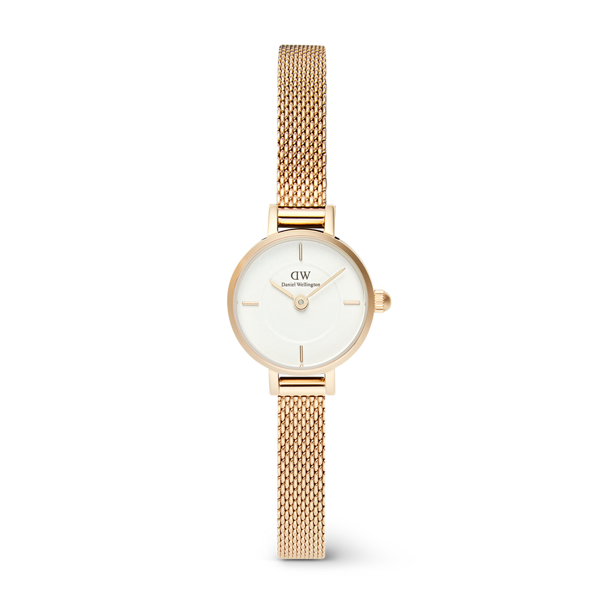 Elegant ladies' watch with a round white dial and a delicate gold-coloured stainless steel mesh strap.