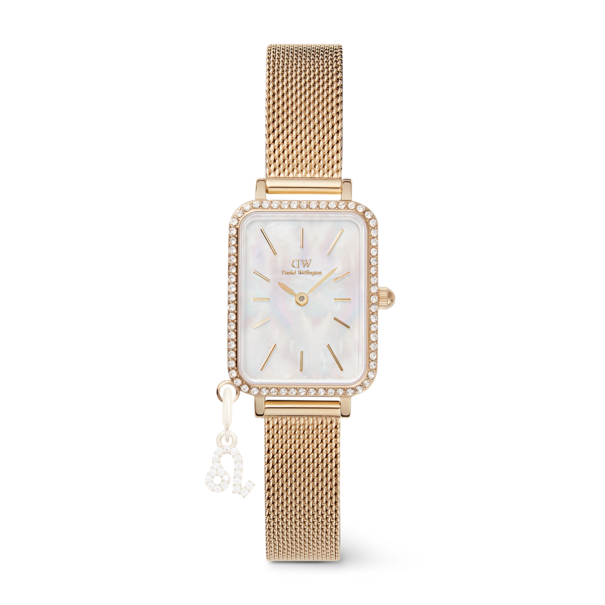 Elegant gold women's watch with a rectangular case, sparkling crystals on the bezel, white mother-of-pearl dial, gold-coloured mesh strap, and a removable, crystal-studded zodiac charm.