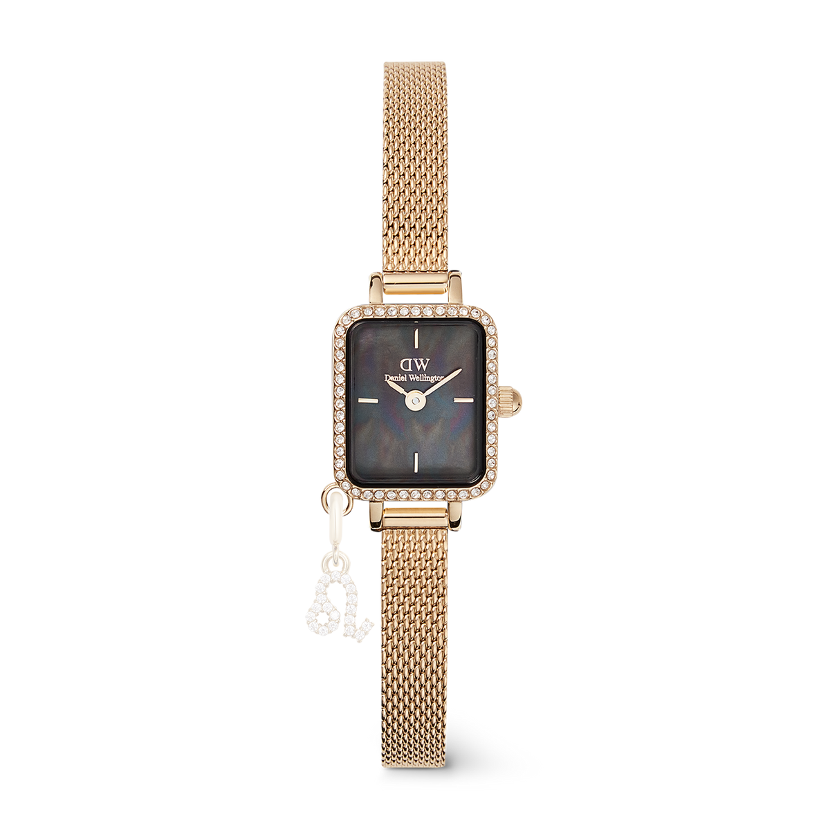 Elegant gold women's watch with a rectangular case, sparkling crystals, black mother-of-pearl dial, and delicate mesh strap with Zodiac charm.
