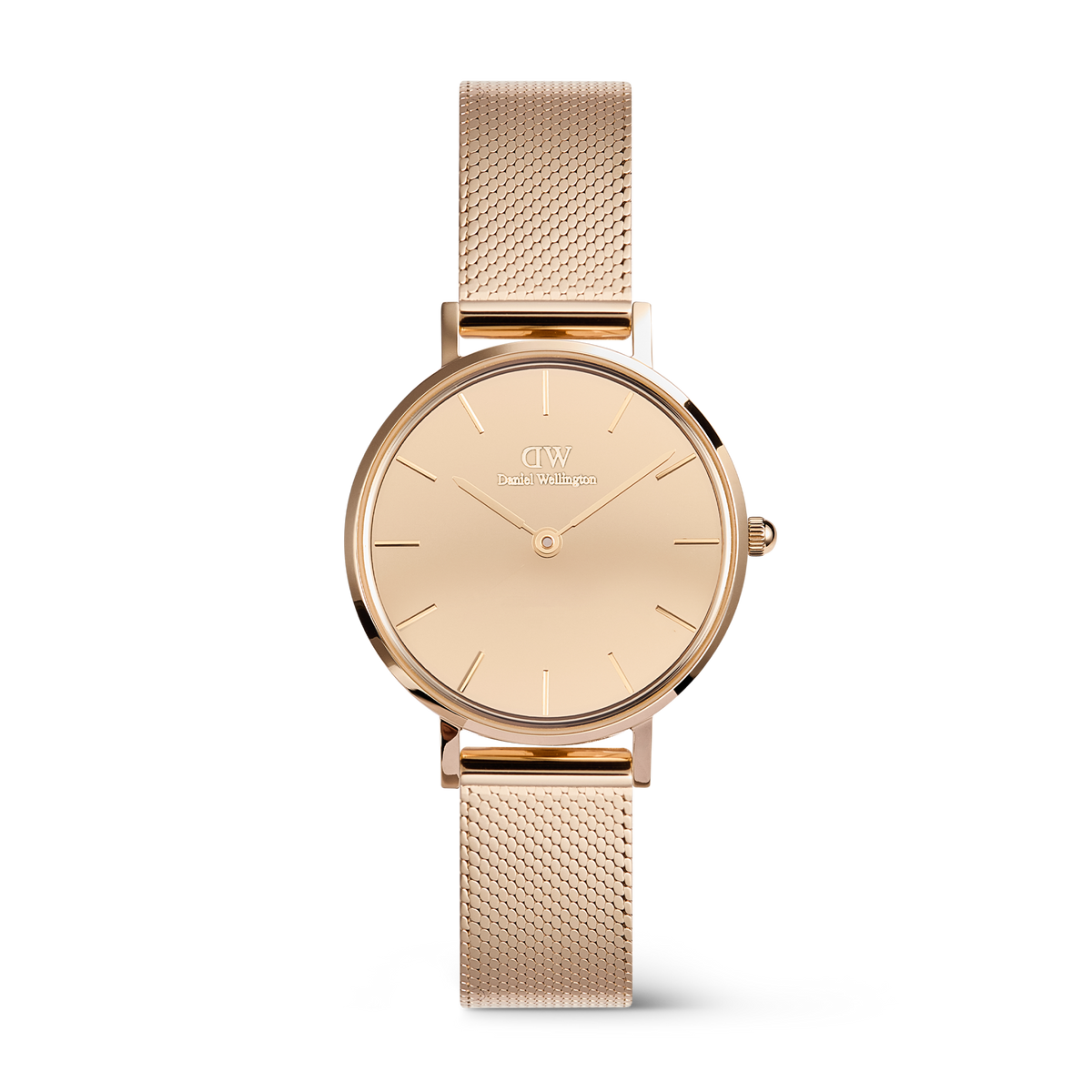 Elegant women's watch in rose gold with a round, reflective dial and a fine stainless steel mesh strap, designed in a minimalist and stylish manner.