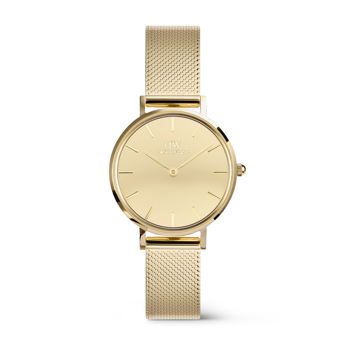 Elegant gold women's watch with a minimalist dial, slim hands, and a fine mesh strap made of polished stainless steel.