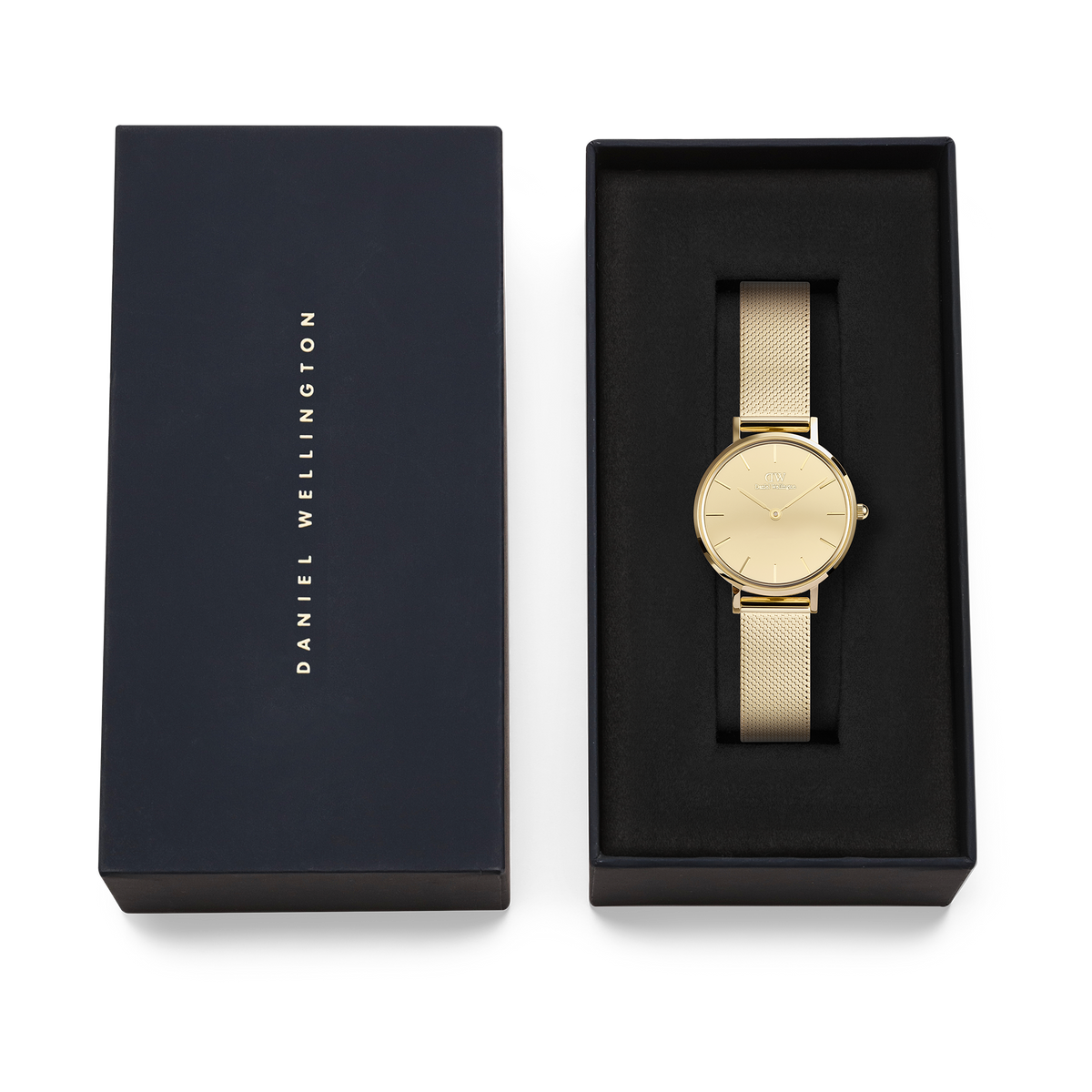 Petite Reflection Gold women's watch with a gold-coloured mesh strap in an elegant black gift box from Daniel Wellington.
