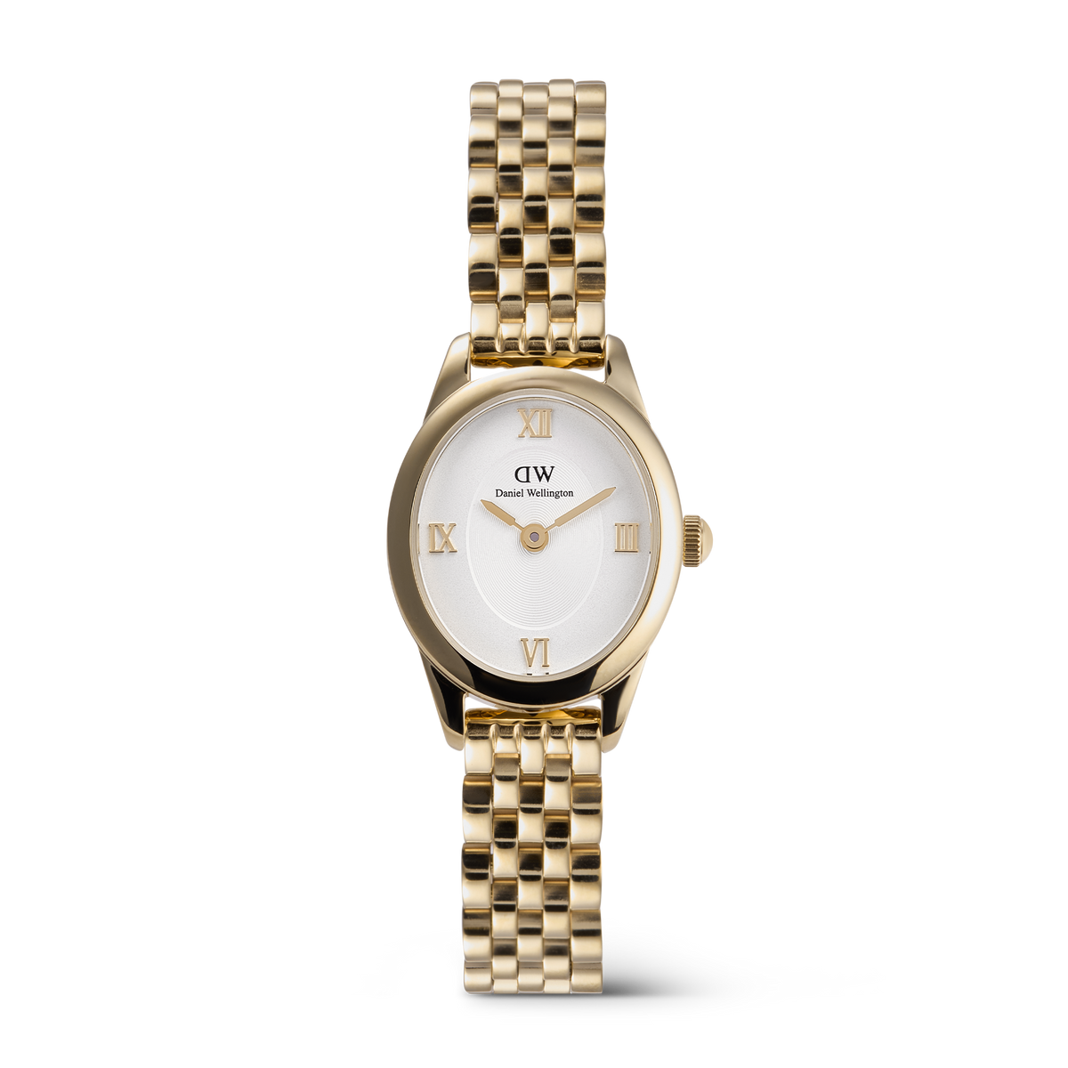 Elegant ladies' watch with an oval, gold-coloured stainless steel case, white dial with Roman numerals, and a delicate 5-link bracelet.