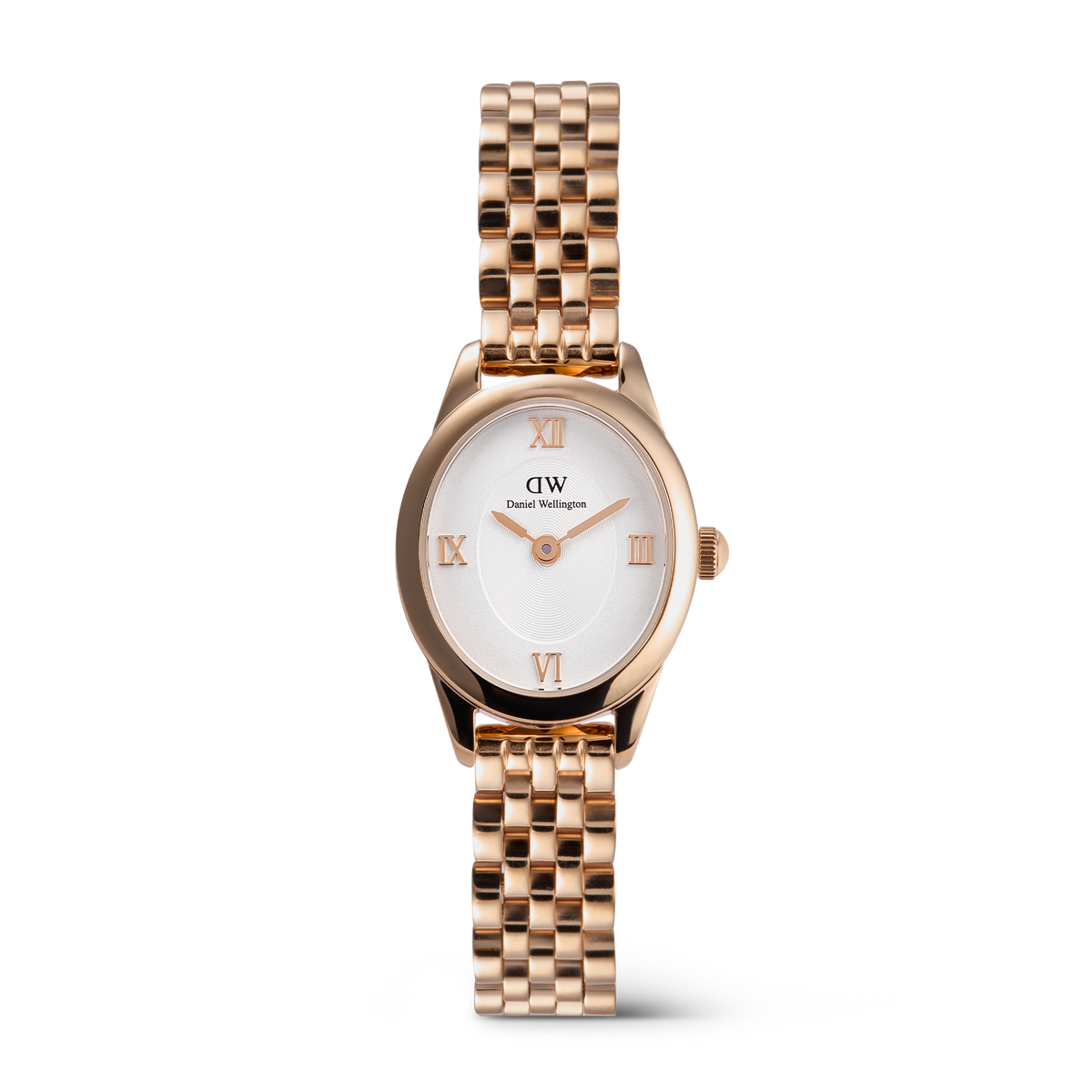 Elegant Ophelia Mini ladies' watch in rose gold with an oval case, white dial, Roman numerals, and a polished 5-link stainless steel bracelet.