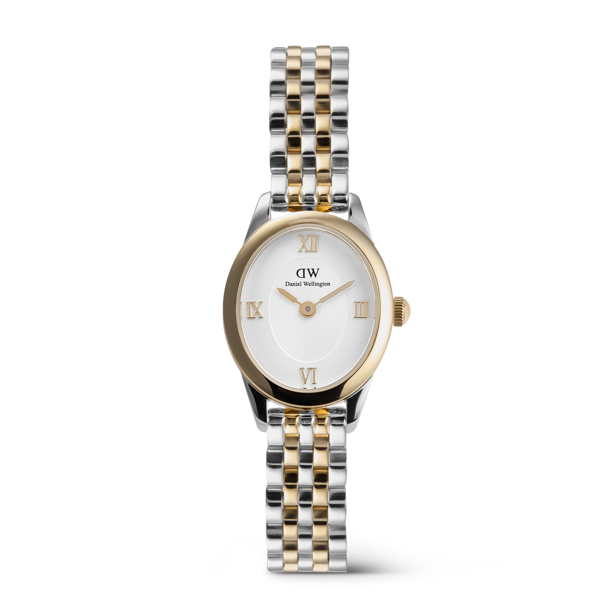 Elegant ladies' watch with an oval case in gold and silver, white dial with gold-coloured Roman numerals, and a two-tone 5-link bracelet.