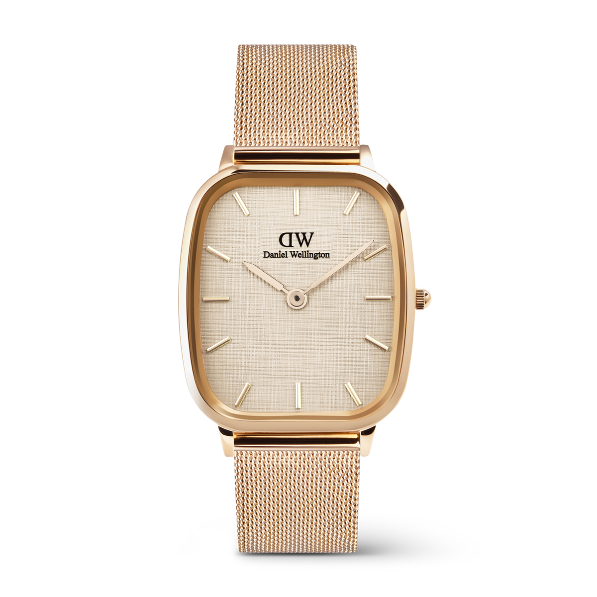 Orologio Marlon Melrose Linen con cassa a cuscino in acciaio inossidabile dalla finitura oro rosa e quadrante texture lino. Completo di bracciale a maglia milanese nello stesso tono oro rosa, su sfondo bianco.