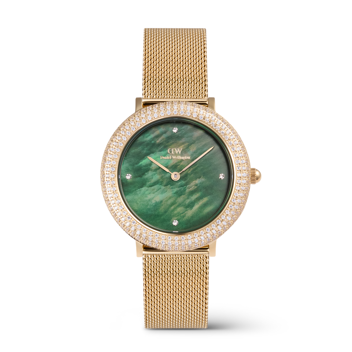 Golden ladies' watch with green mother-of-pearl dial, sparkling bezel with white zirconia stones, and fine mesh strap.