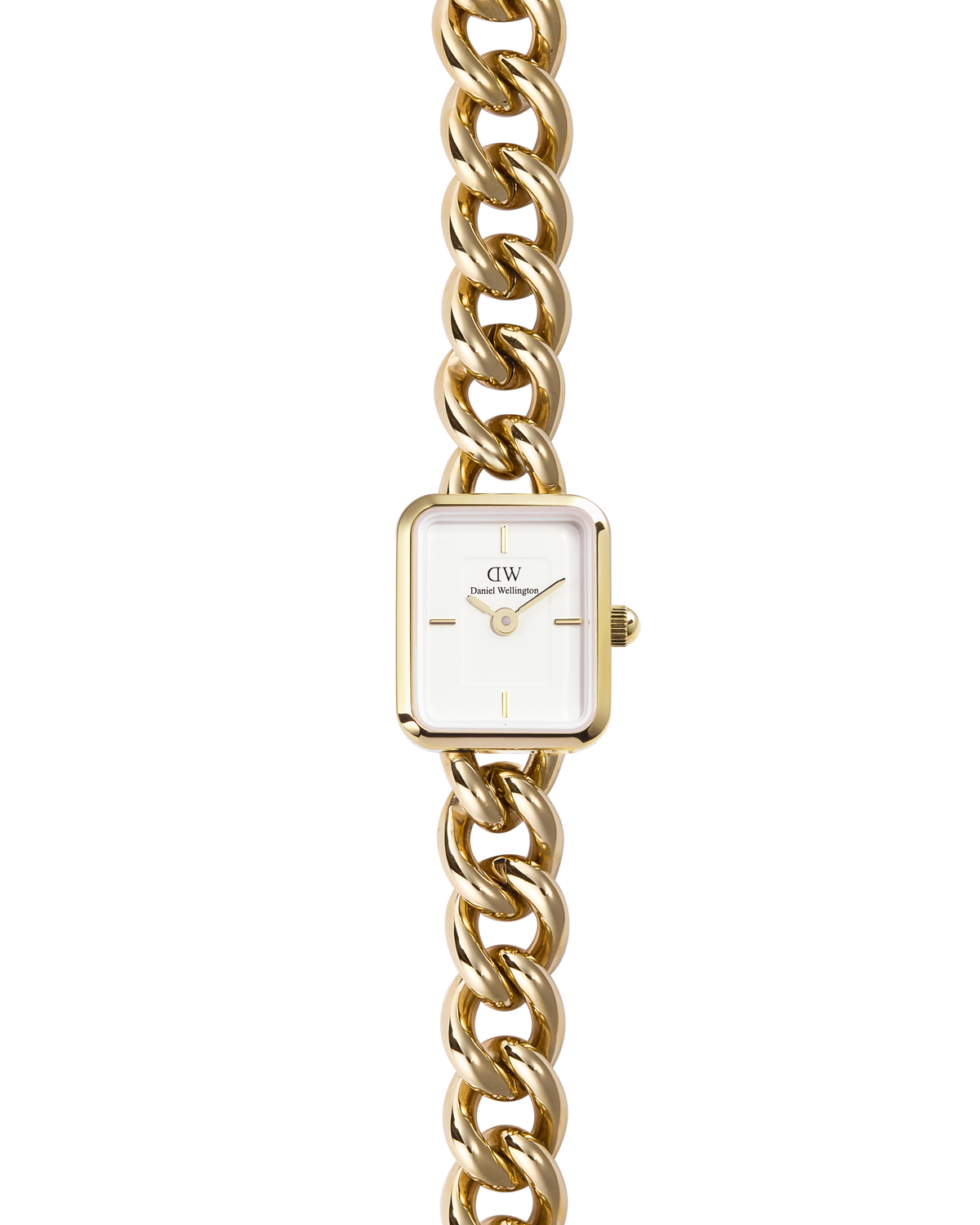 Jolie Chain Gold women's watch with a rectangular white dial and striking gold-coloured stainless steel chain bracelet in a front view.
