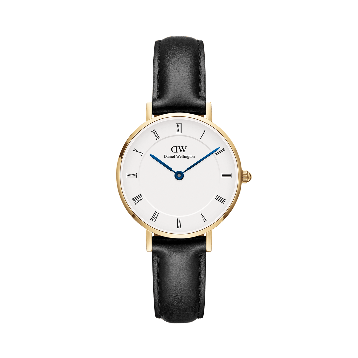 Elegant ladies' watch with gold-coloured case, white dial with Roman numerals, blue hands and black leather strap.