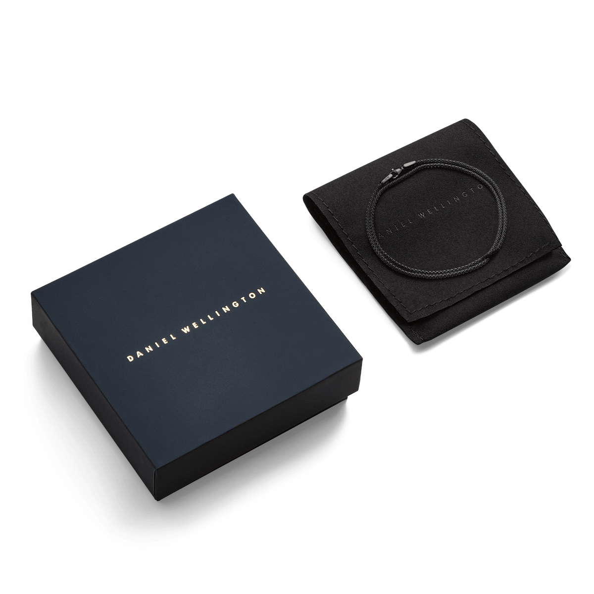 Confezione regalo Daniel Wellington composta da scatola blu navy e custodia nera, contenente la collana Tide Mesh in acciaio nero.