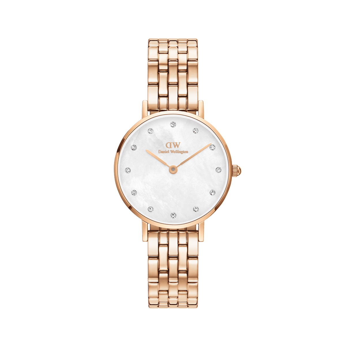 Rose gold ladies' watch with a five-link stainless steel bracelet, white mother-of-pearl dial, and sparkling crystals as hour markers.