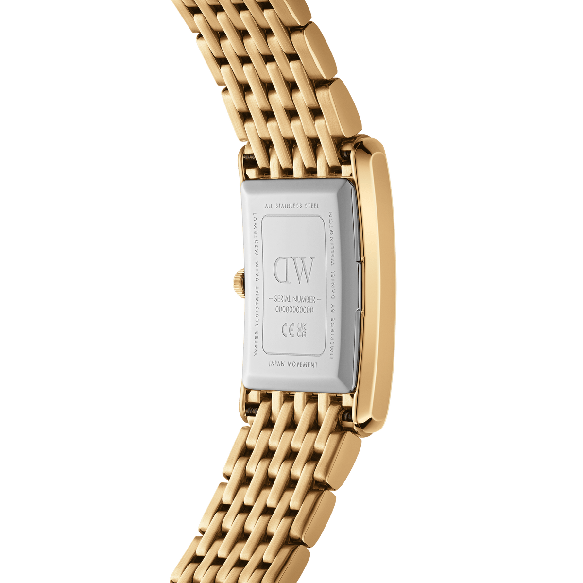 Back of the Bound 9-Link Gold ladies' watch with engraved stainless steel case back and gold-coloured 9-link bracelet.