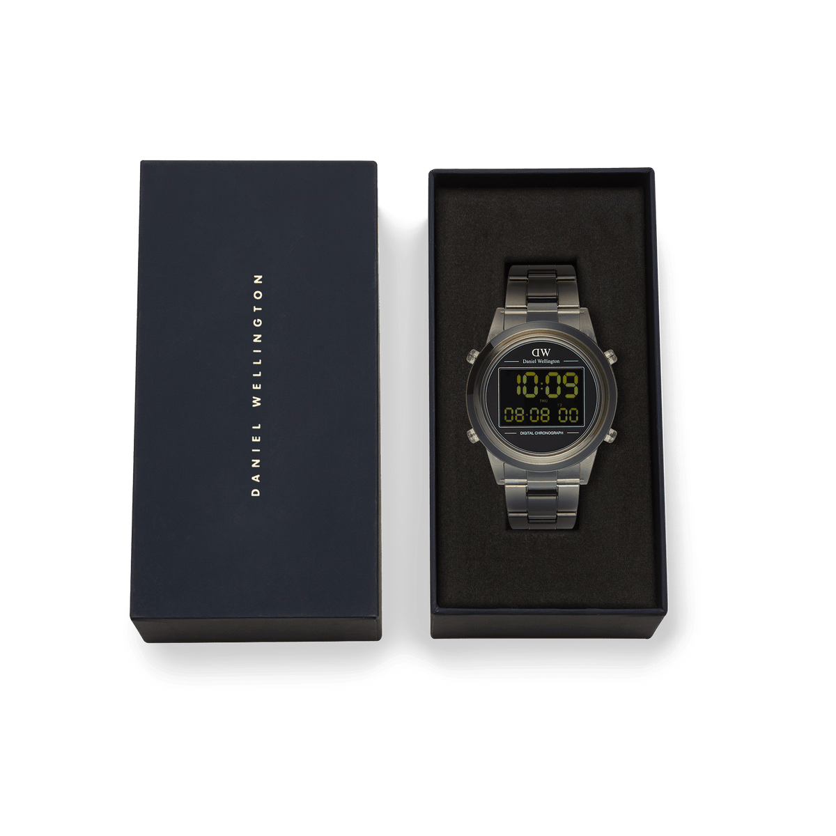 Orologio digitale Retro Digital Dark Grey, presentato nella confezione nera Daniel Wellington con interno imbottito, pronto per essere regalato.