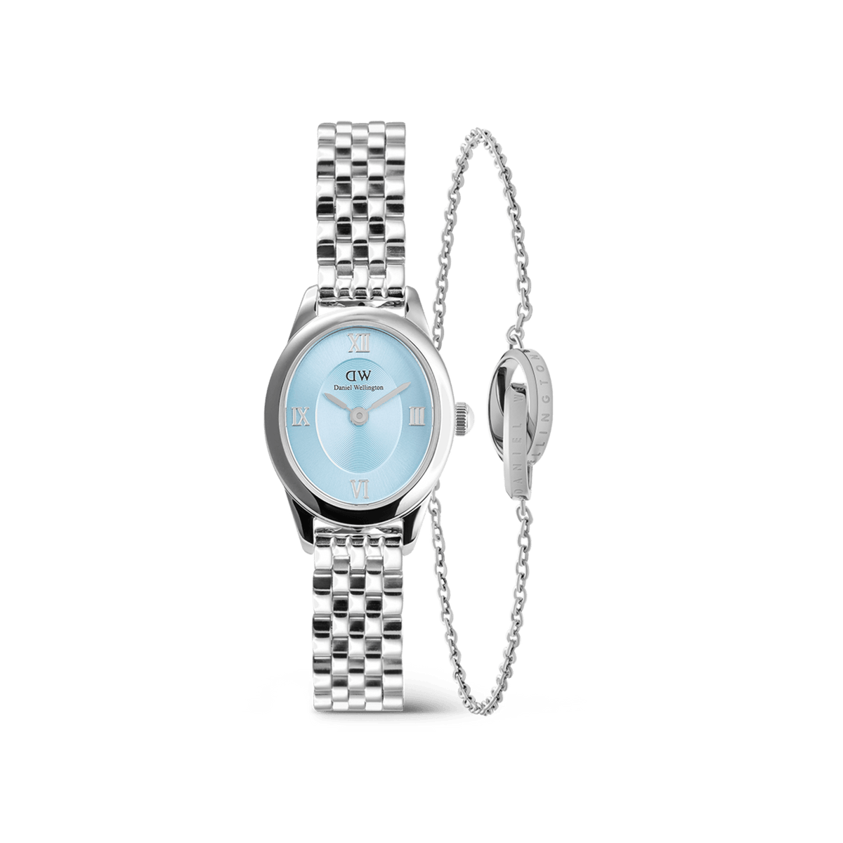 Elegant set featuring a silver ladies' wristwatch with an ice-blue dial and Roman numerals, accompanied by a delicate silver bracelet, stylishly arranged against a white background.