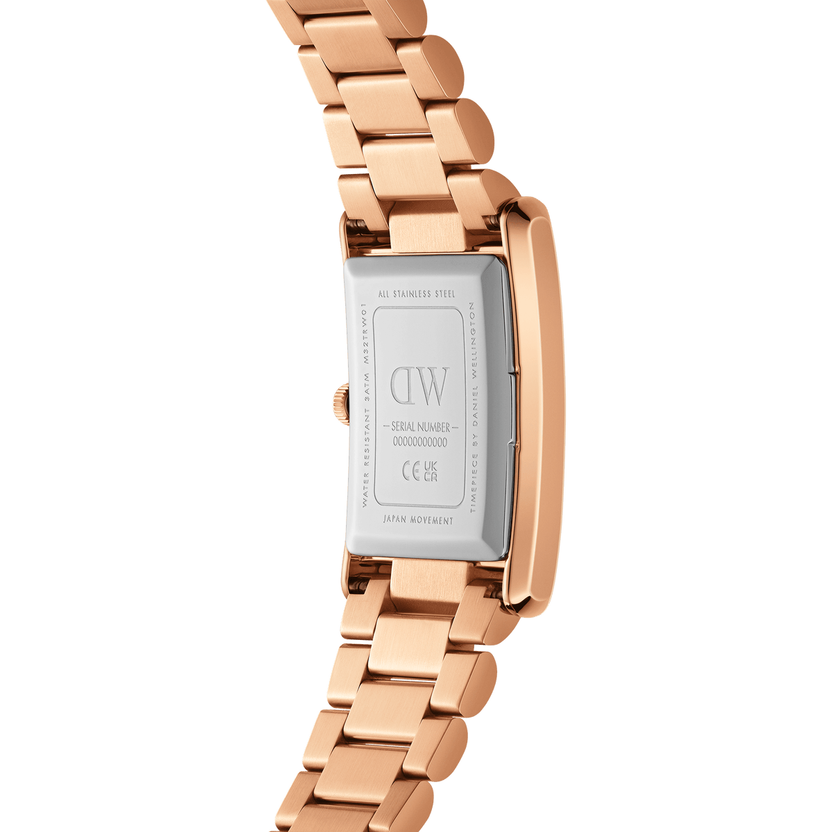 Back view of the Bound 3-Link Rose Gold women's watch by Daniel Wellington with engraved stainless steel case back and 3-link rose gold bracelet.